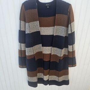 BCX Striped Cardigan in Navy, Brown, and Beige